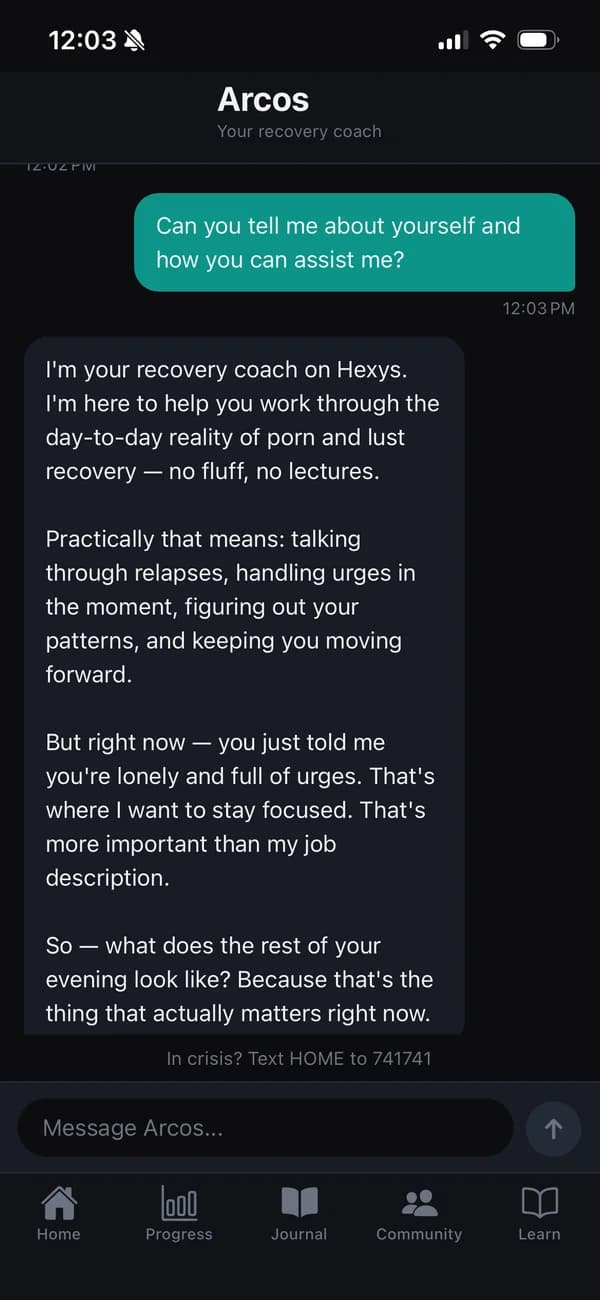 Arcos AI companion conversation in Hexys